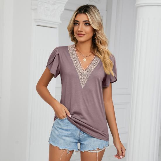 V-neck Petal Short Sleeve Women T-shirt Summer Golden Lace Stitching Loose Pullover Top Streetwear