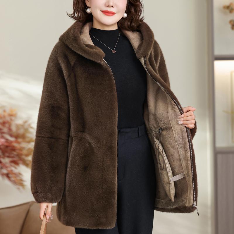 Middle-aged Women's Faux Fur Coat Winter Outerwears Hooded Elegant Thick Warm Fur Jackets for Women Clothes