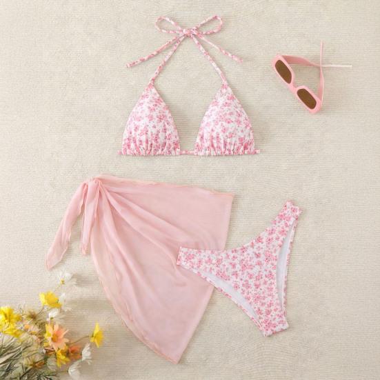 3-tlg./Set Damen Blumenmuster Bikini-Set Neckholder Gepolstert Ohne Bügel BH Schnelltrocknend Badehose Unifarben Überwurf Rock Set Sommer Strandmode