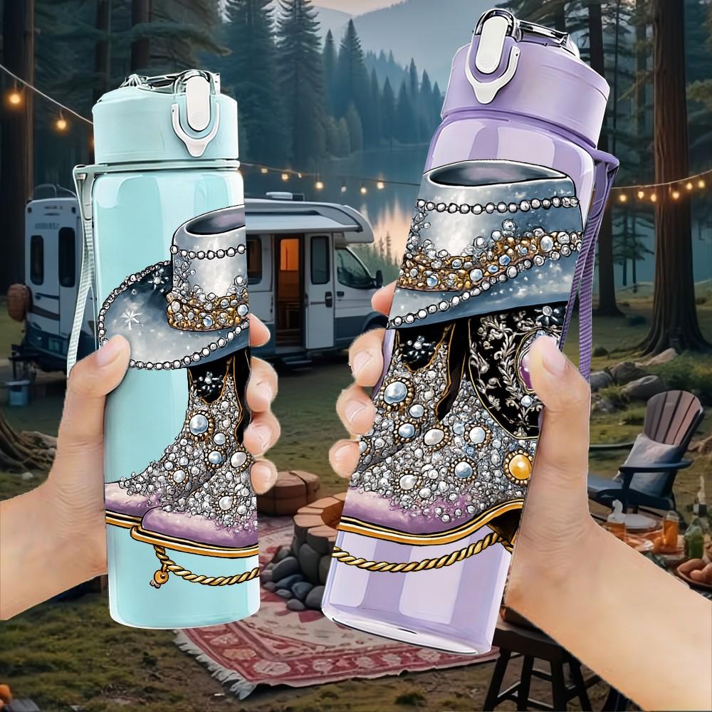 1PC Cowboy Boots Western Style Print 750ml Color Plastic Sports Water Bottle Leakproof Flip Straw Lid Suitable for Sports Office Home Use