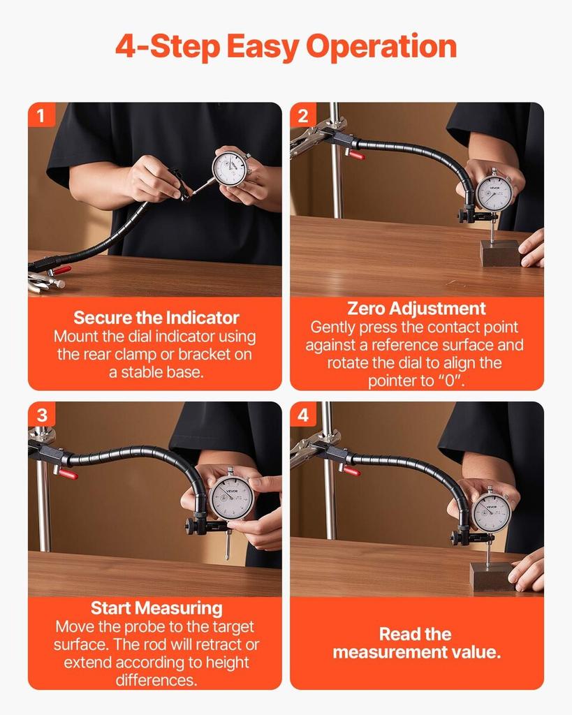 Dial Test Indicator with 360° Flexible Arm and 360° Locking Pliers, 0.03 Mm Accuracy, 0-25.4mm Range, Professional for Machine Set-Up, Narrow Area