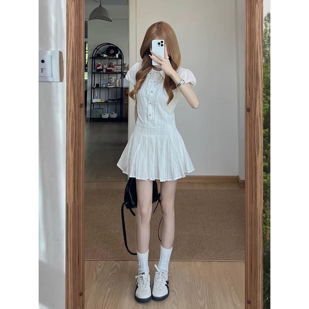 

Сладкий и пикантный дизайн маленькое черное платье юбка А-силуэта юбка-рубашка с короткими рукавами в стиле кэжуал для колледжа для девушки горячая девушка платье для кофе-брейка XL- (recommended 110-60kg) белый