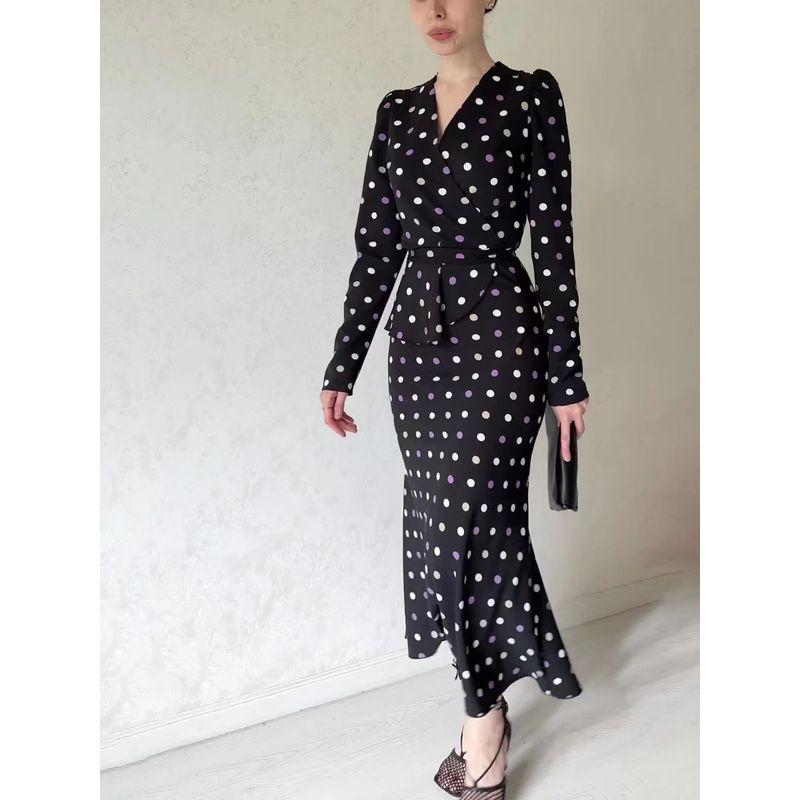 

Модное платье с принтом в горошек, V-образным вырезом, облегающее бедра, элегантное, с завязкой на талии. Платье V-образным вырезом в горошек Wave point 2XL