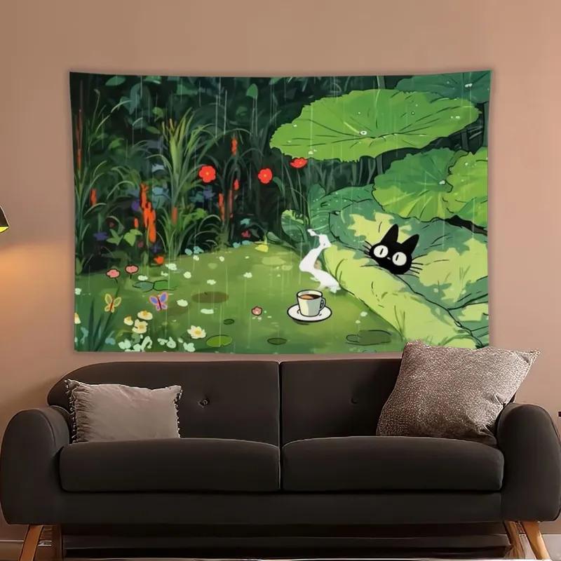 Dark Cute Tapestry, Tarot-Patterned Black Cat Witchcraft Style, Gothic Bedroom/Study/Cozy Mysterious Space Decor