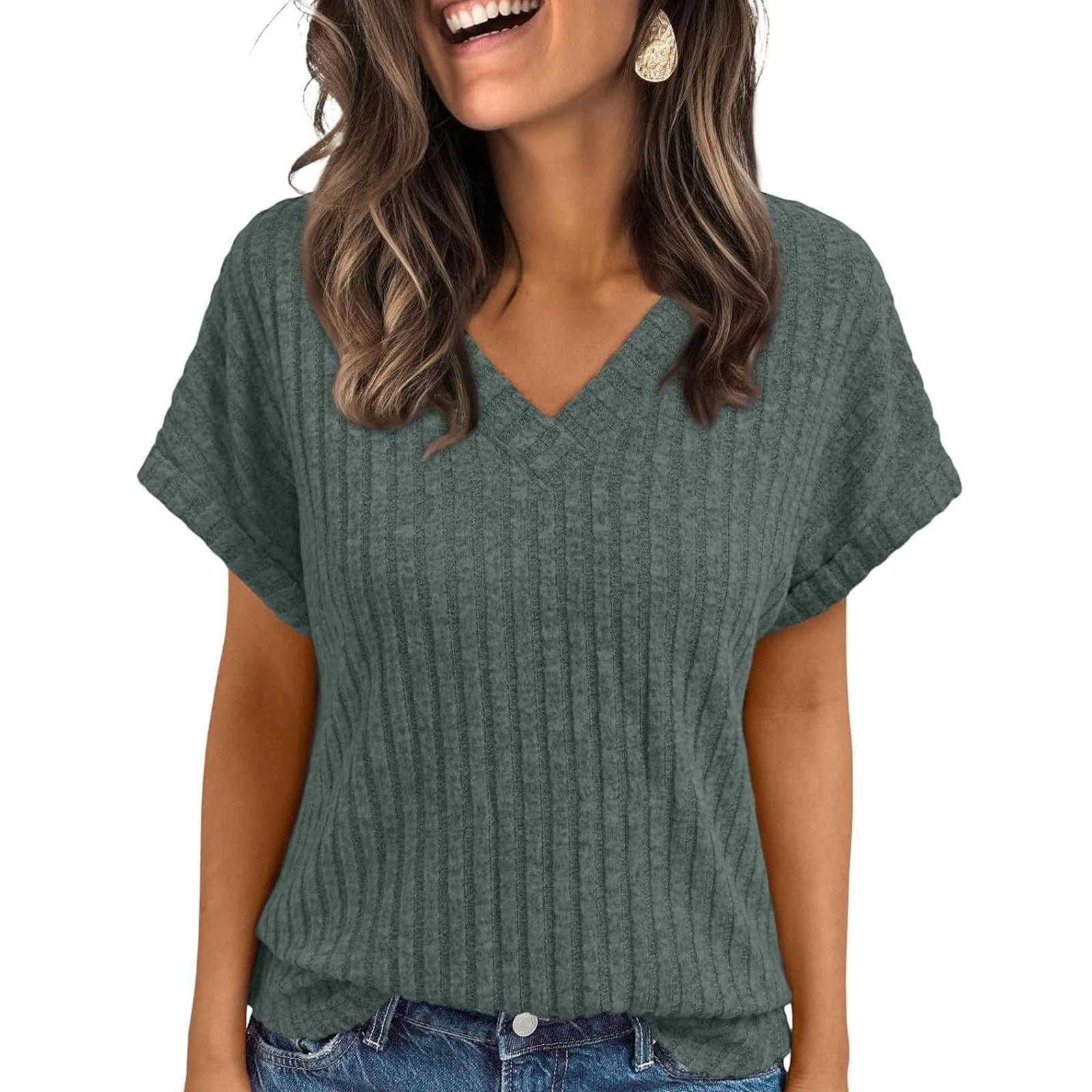 Женская мода повседневный короткий рукав V-образный вырез тонкий полосатый топ XL