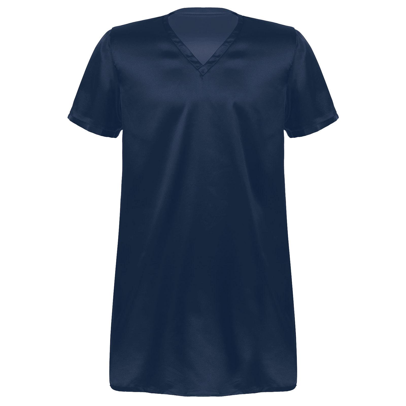 

Унісекс домашня нічна сорочка з бічними розрізами та легкої сатинової тканини для літніх ночей M темно-синього кольору