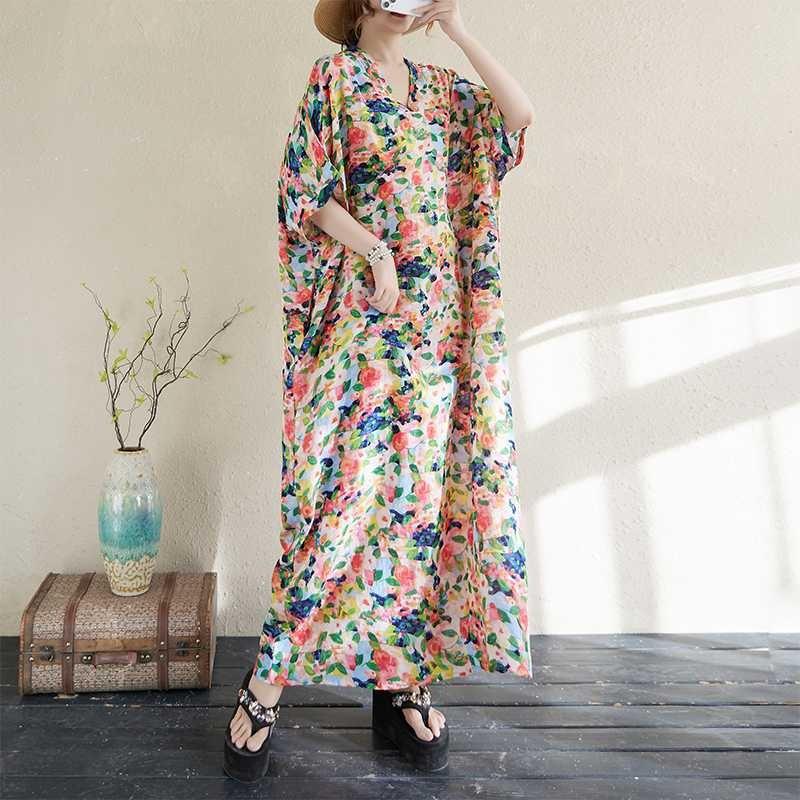 Women's Summer Floral Neck Boho Maxi Dress Breathable Cotton-Linen Vacation Dress for Travel