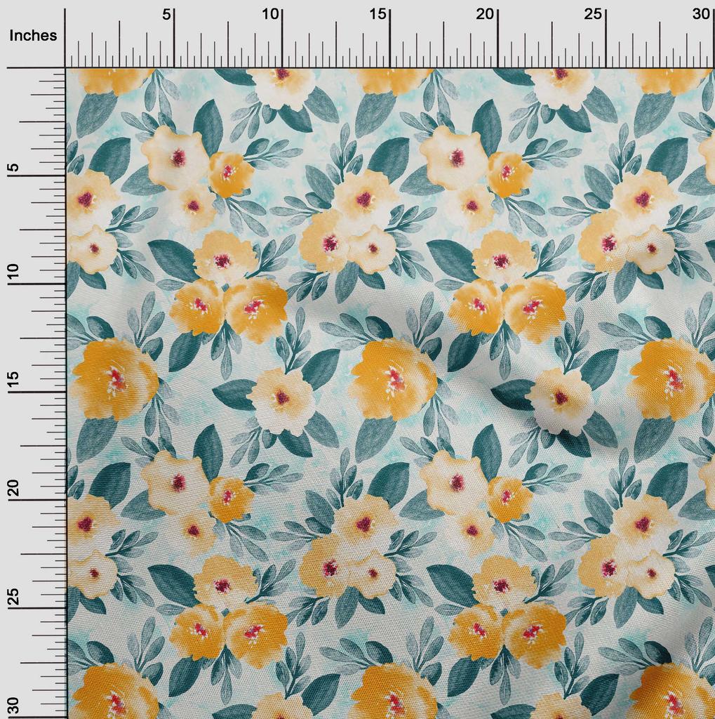 oneOone Cotton Flex Fabric Watercolor Leaves & Peony Floral Print Fabric BTY 40 Inch