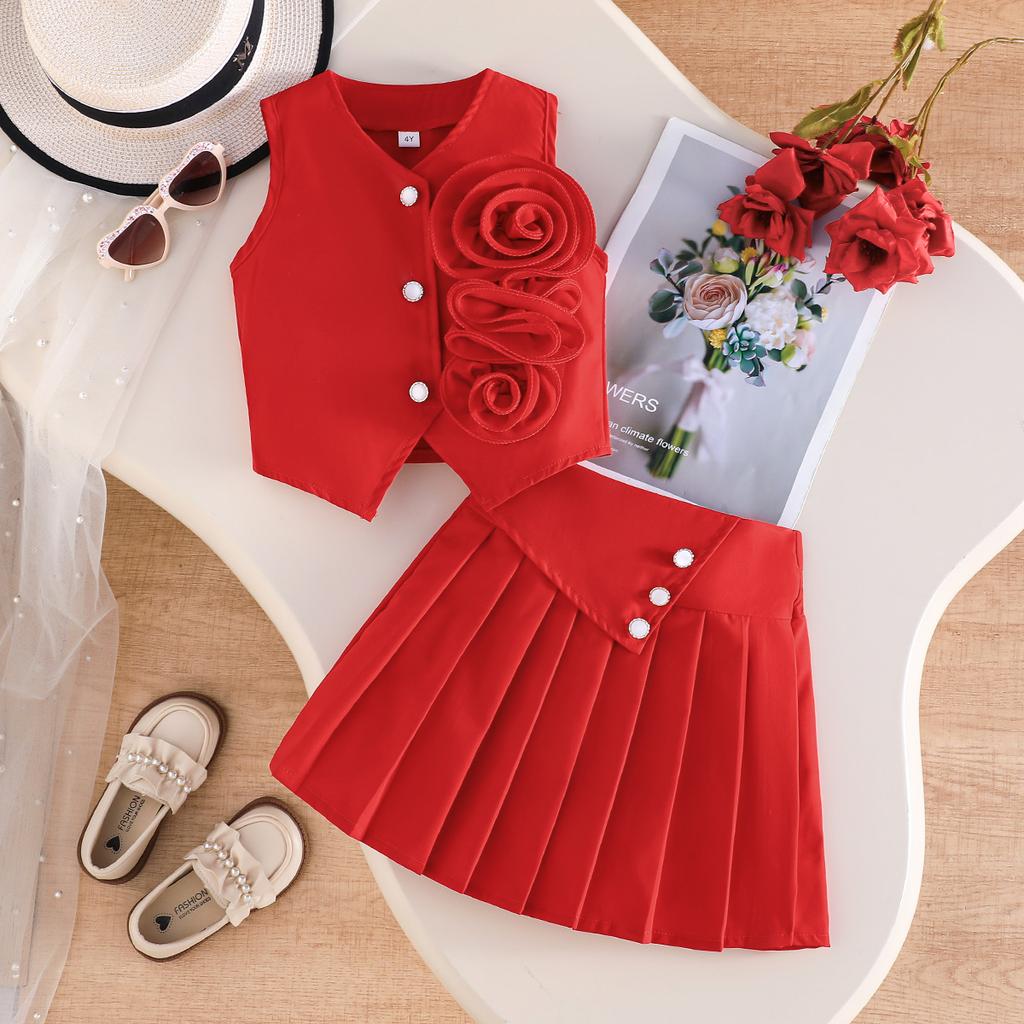 2PCS Girls Flower Applique Sleeveless Vest & Pleated Skirt Set, Button-Down Two-Piece Outfit