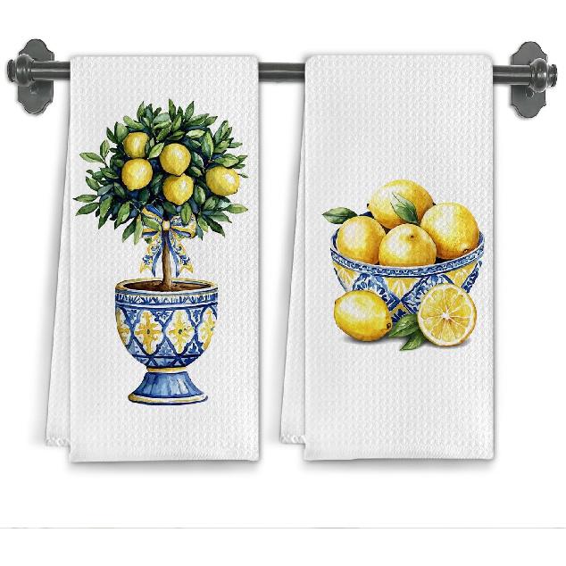 Italian Mediterranean Lemons Kitchen Towels, Capri Amalfi Coast Lemon Party Decorative Dish Tea Hand Towels for Kitchen Bathroom Decor,16x24 Inch Set