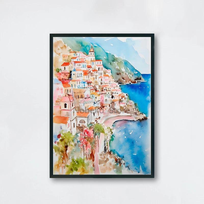 Italian Amalfi Coast Cityscape Poster Positano Watercolor Coastal Landscape Prints Canvas Painting Wall Art Home Room Decoration