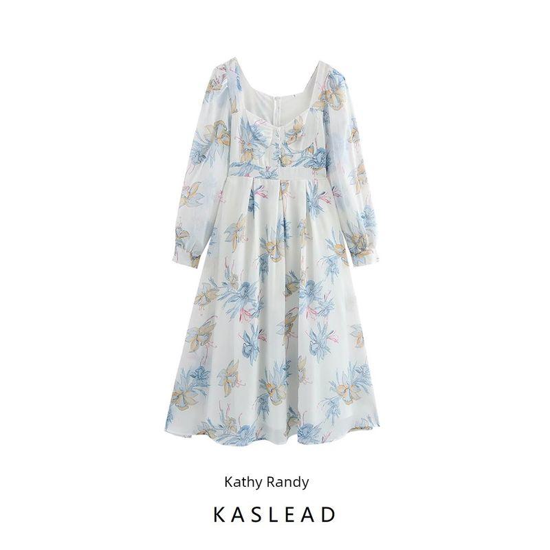 Kaslead New Arrival Women's Fashion Style Casual Simple Chiffon Retro Square Collar Print Long Dress