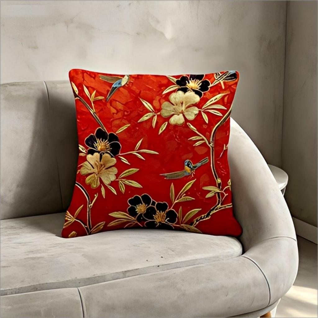 Style Red Floral Throw Pillow Covermagnolia Bird Print Decorative Cushion Case For Living Room Sofa Home Decor
