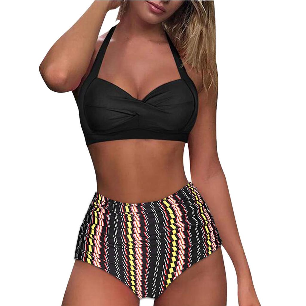 Women Vintage Swimsuit Two Piece Retro  Ruched High Waist Print Bikini Set