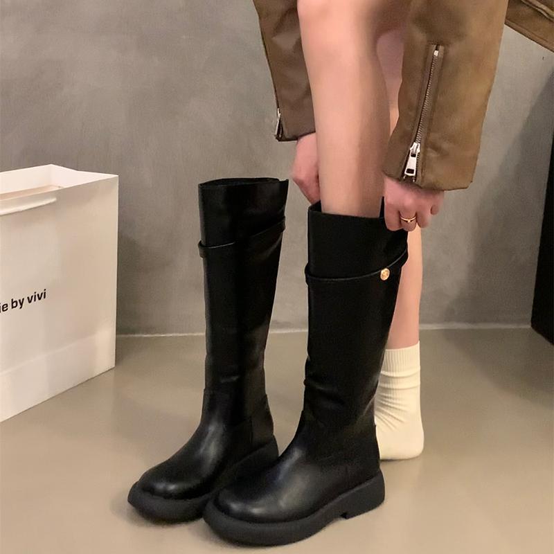 Fashion Winter Vintage Women Western Cowboy Boots Fashion Belt Buckle Slip On Female Knight Long Booties
