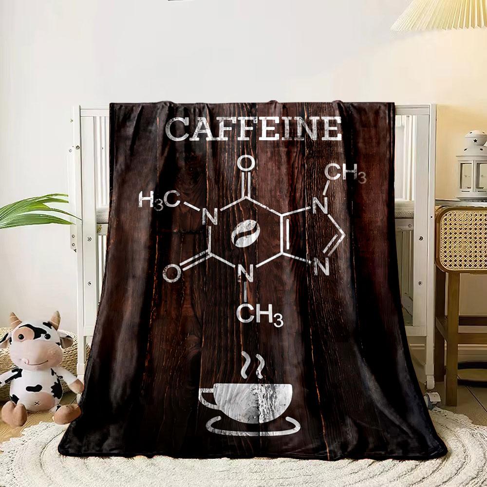 Caffeine molecular structure with a coffee cup on a textured wooden background. for all seasons blanket lunch break throw gift 80cm x 120cm