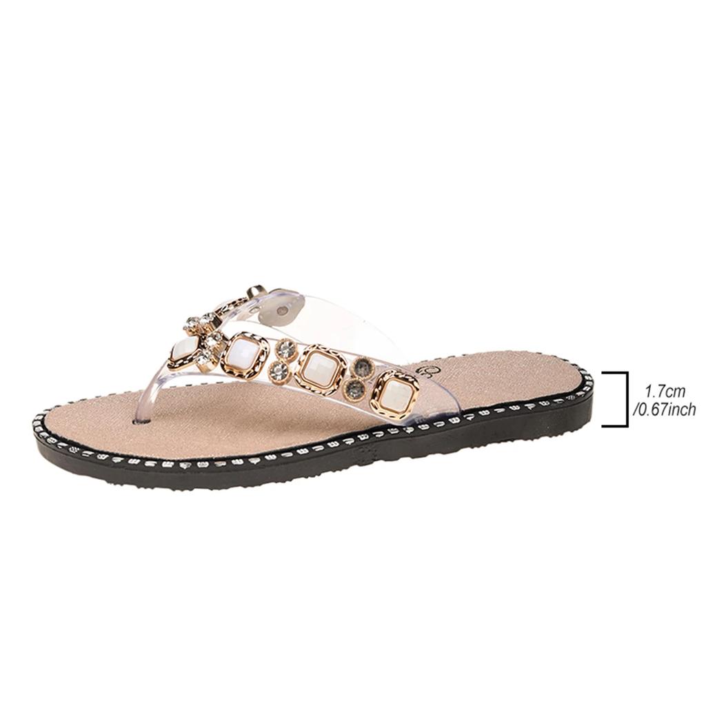 2025 Comfortable and Fashionable All-match Beach Shoes Non-slip Soft Bottom Casual Flip-flops Rhinestone Flat Slippers Size 42