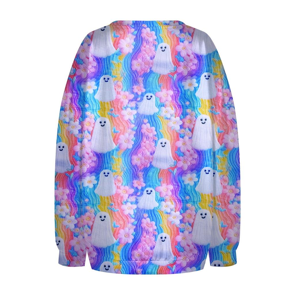 Women's Casual Fashion Printed Long Sleeved Knitted Sportswear Top, Loose Fit Halloween