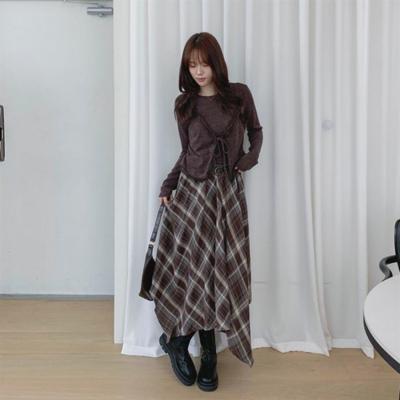 New Arrivals Open Run Women Cotton Check Belted Asymmetrical Long Skirt