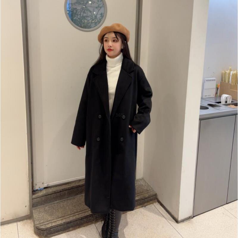 Womens Oatmeal Wool Blend Coat 2026 Winter Double-Breasted Loose Fit Longline Trench Outerwear
