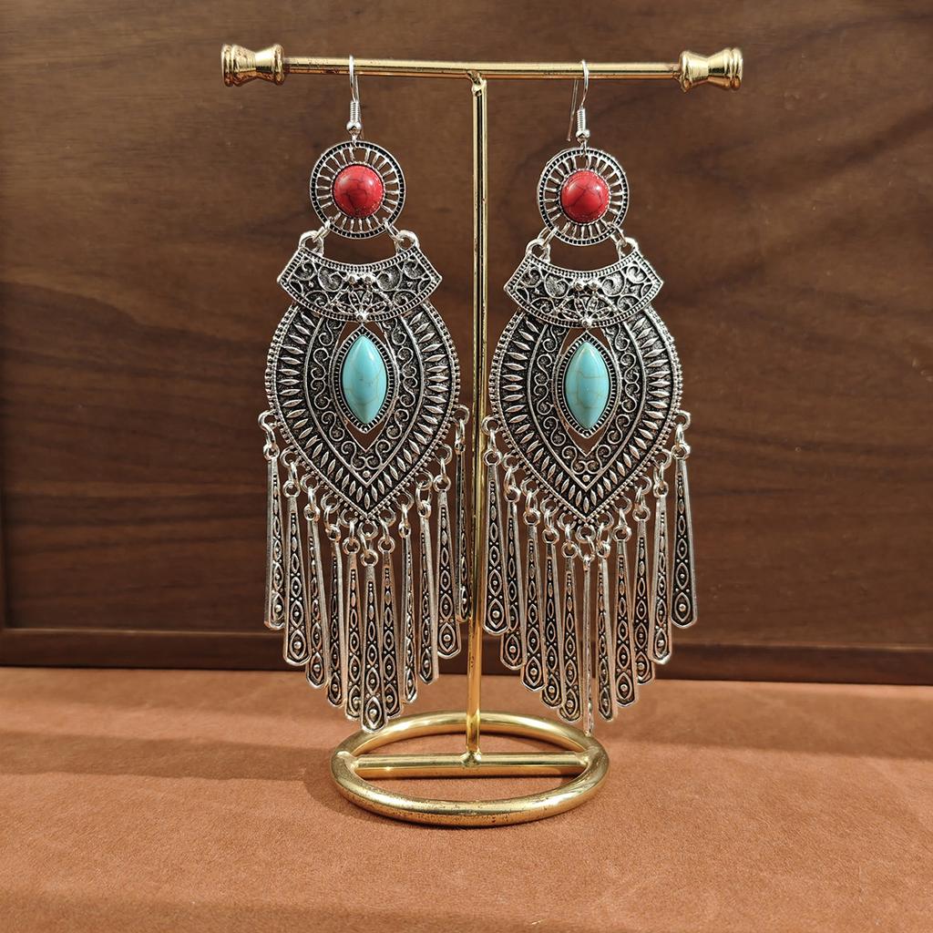Bohemian Turquoise Long Fringed Stud Earrings Retro Imitation Miao Ethnic Style Earrings