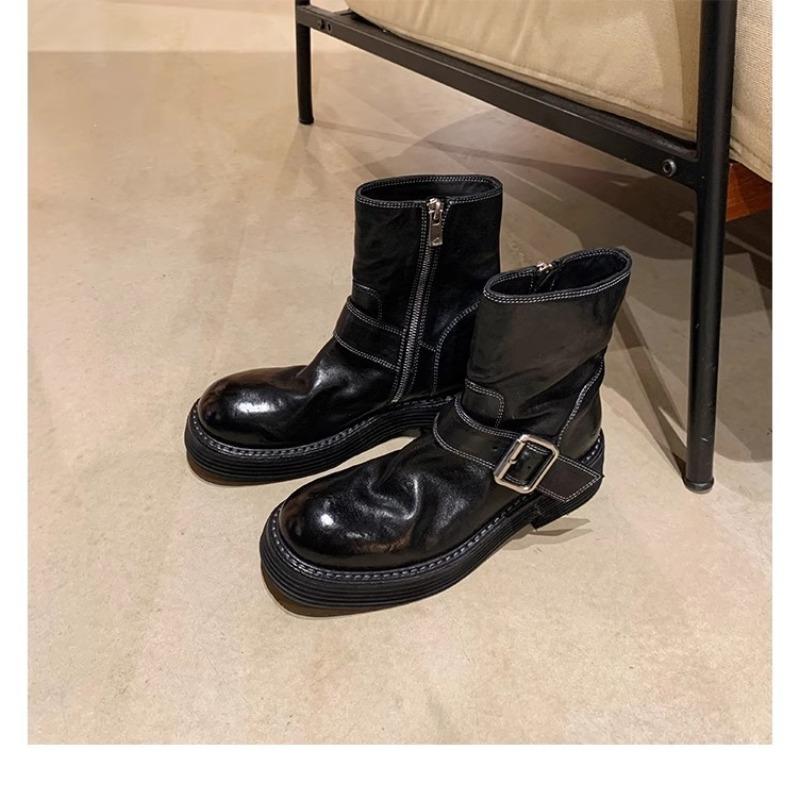 Washed cowhide real locomotive knight boots thick-soled belt buckle short boots women's locomotive boots retro Martin boots