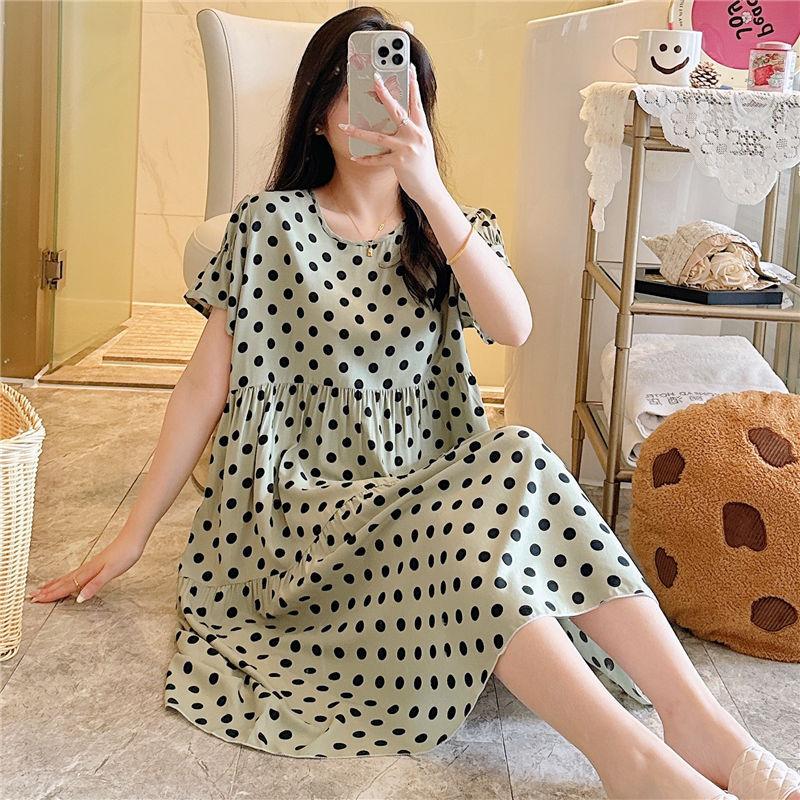 

Cotton and silk nightgown women s spring and autumn casual short-sleeved large-size printed pajamas summer thin high-end cotton loungewear One size fits most (can fit up to 42.5-80kg).