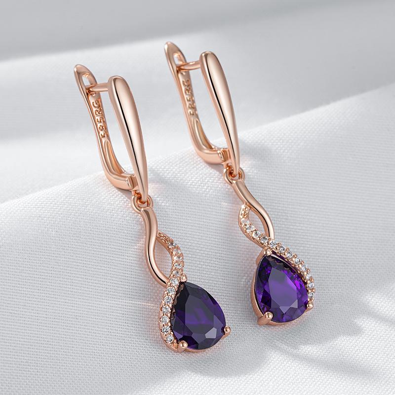 Shiny Purple Natural Zircon Long Dangle Earrings For Women  Rose Gold Color Vintage Ethnic Bride Daily Fine Jewelry