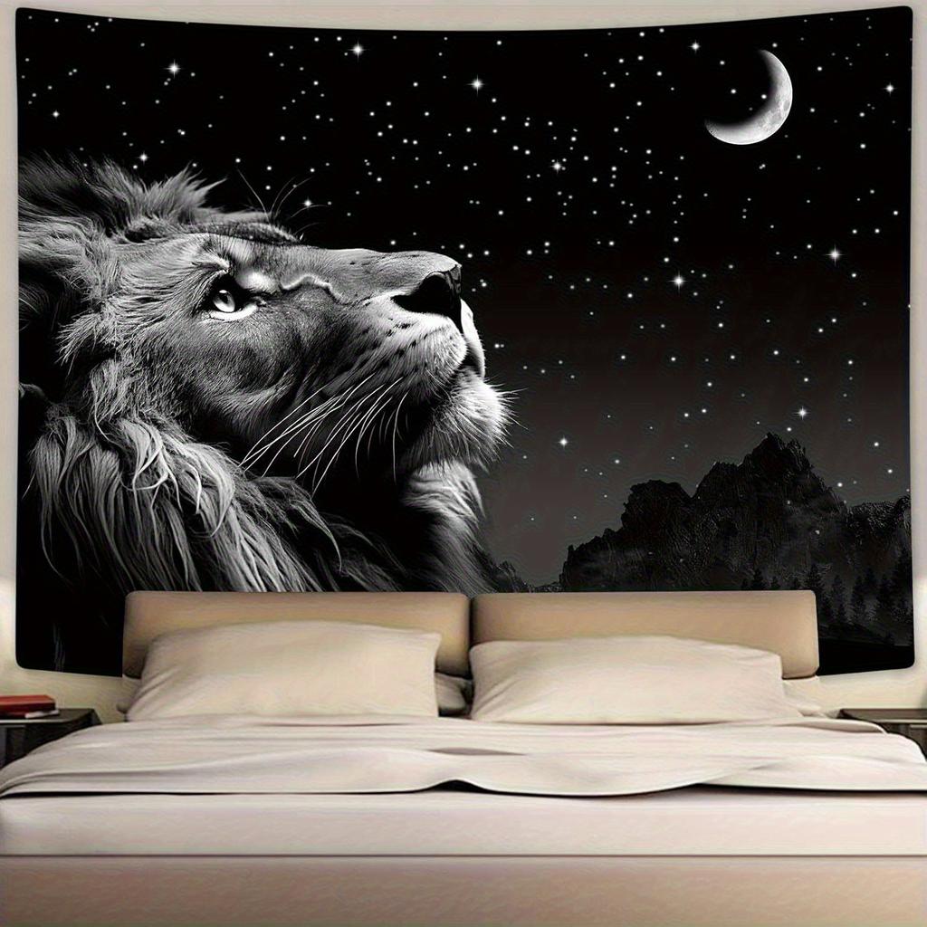 1pcs Cool Lion Tapestry, Space Stars Moon Tapestry, Exquisite Black Tapestry Wall Hanging for Bedroom Living Room Polyester