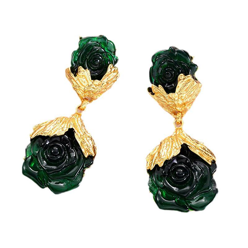 Vintage Grüne Perlenohrringe mit Blumenfaden - Damen Übertriebene 925 Glasstecker