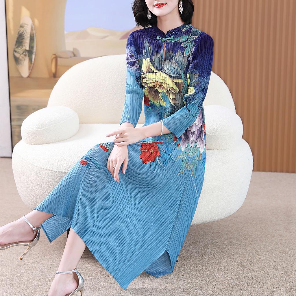 Spring and Autumn Women's Printed Dress Slim Long A-Line Long Dress Irregular Hem