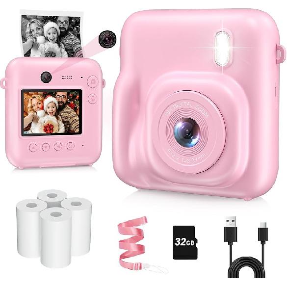 Kids Camera Instant Print, Dual-Lens 48MP Digital Camera for Christmas Birthday Gifts, 1080P Selfie Instant Cameras for Kids with 32GB Card, Instant