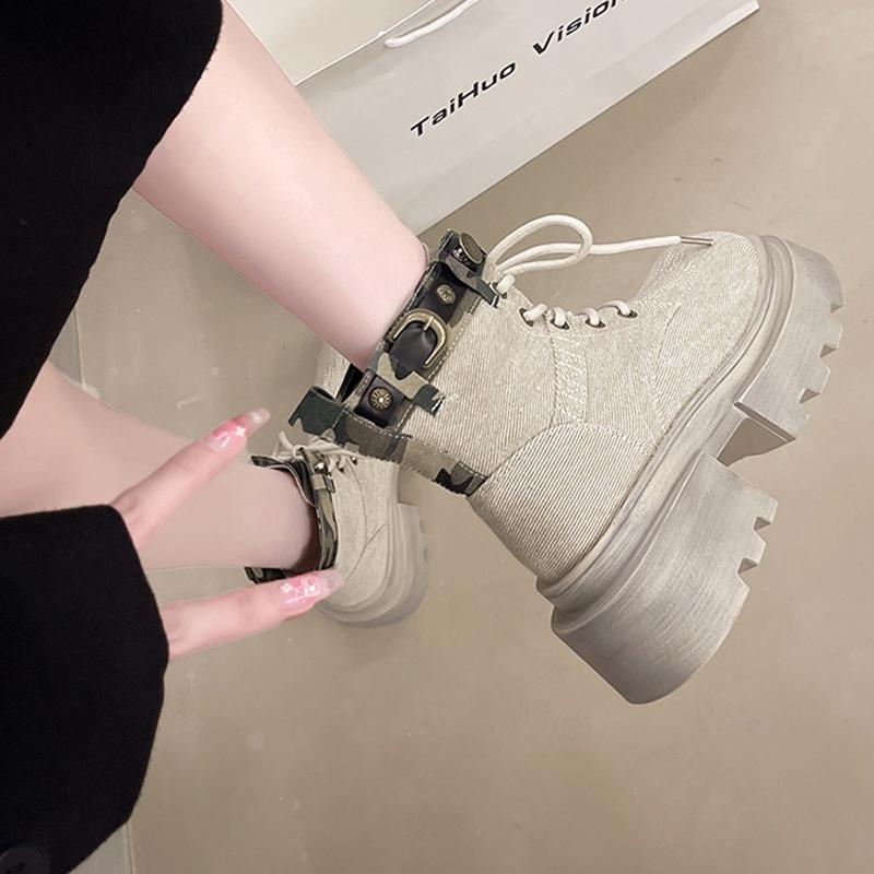 2024 New Women's Thick-soled Elevated Workwear Short Motorcycle Boots Retro Denim Lace-up Western Cowboy Boots for Women