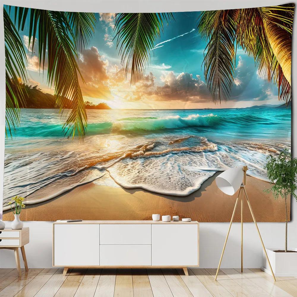 Dreamy Beach Landscape Tapestry Wall Hanging for Bedroom Living Room Dormitory Home Decor Sea View Background Cloth
