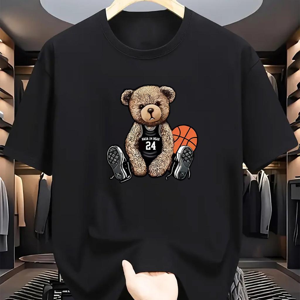 Men's Summer 100% Cotton Fashion Casual Loose Large Size Casual Bear Print Sports Round Neck Short-sleeved T-shirt Tops