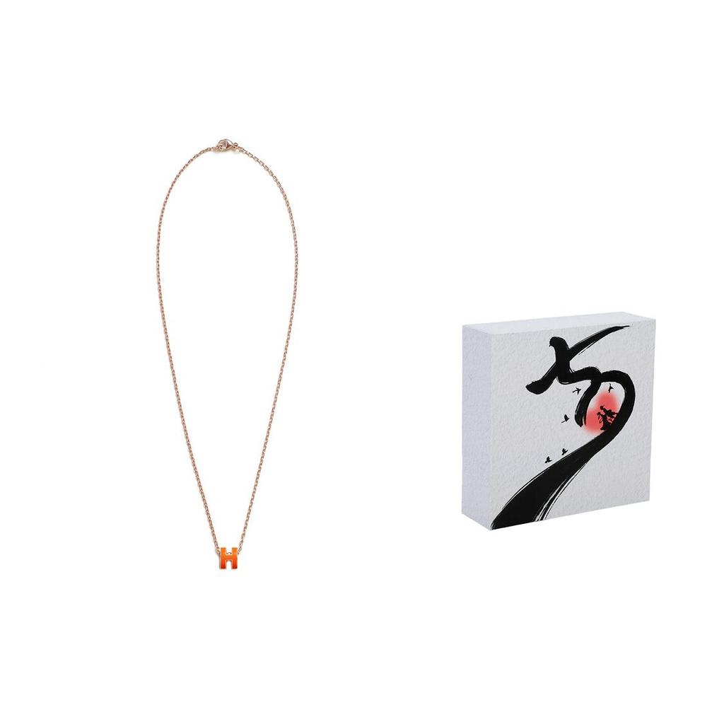 Hermes Mini Pop H Pendant Vibrant Orange Gold Plated Necklace Women Necklace Rose-Gold H147992FO02