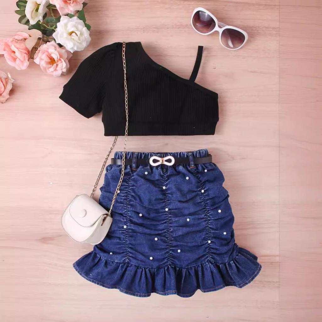 Girls' Fashion Set, Summer Children's Solid Color Sleeveless Top, Denim Pleated Skirt Set, Belt