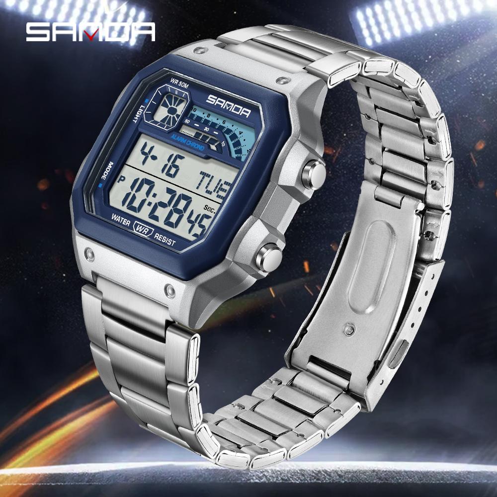 SANDA 6196 Luxury Men's Electronic Watch with Multi Functional Luminous Dial Calendar Waterproof Fashion Men's Digital Watch