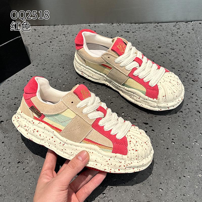 Thick-soled ugly cute board shoes spring new leather shell head soluble breathable sports and leisure shoes