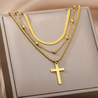 Multi-layer Stacked Chain Women's Titanium Steel Cross Necklace Women's Neck Chain Fashion Temperament Personality Versatile Jewelry Collarbone Chain