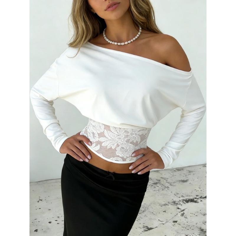Fashion Lace Splicing Slim Waist T-shirt Spring Autumn Crop Tops Women's Long Sleeve Sweet Blouse Off-Shoulder Loose Elegant Sexy Slim-Fit Casual Tops