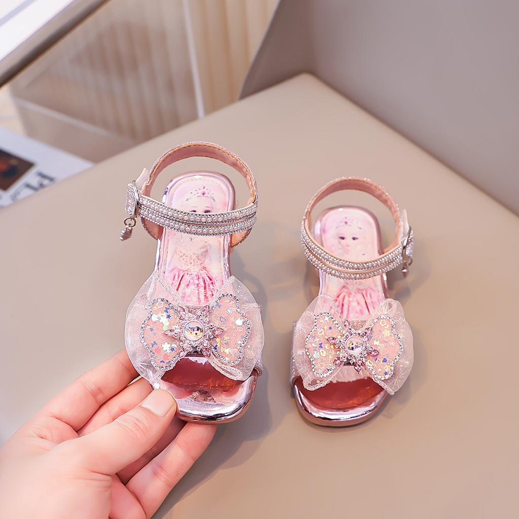 Kids Crystal Sandals for Girls 2025 Summer Non-slip Soft Sole Toddler Princess Shoes with Shiny Rhinestone Bow Elegant Dress-Up