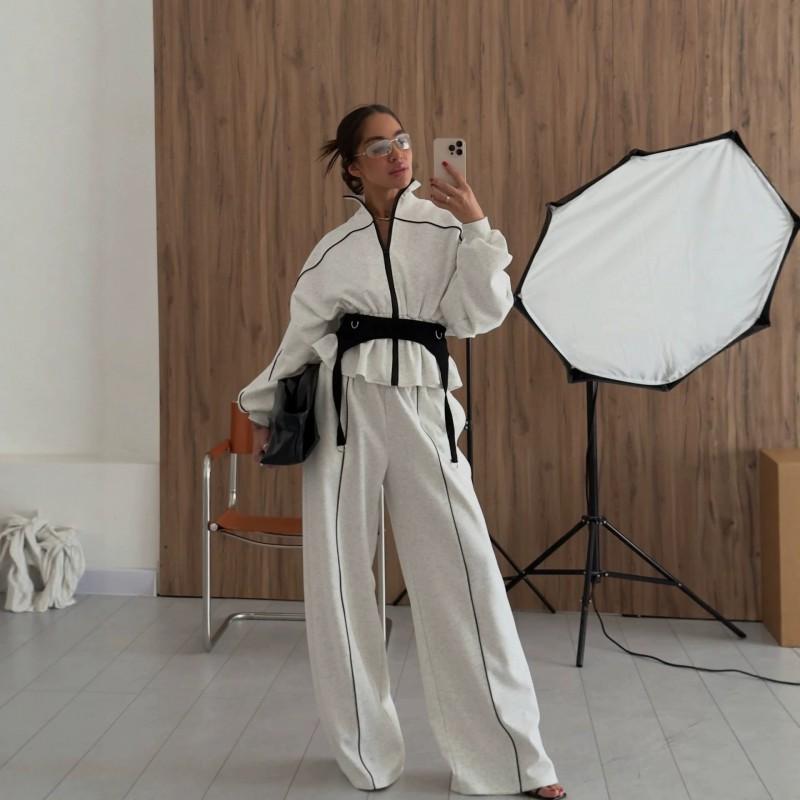 Casual Women's Suit Features Waist Folded Pleated Color Matching Long-sleeved Coat Trousers Two-piece Set