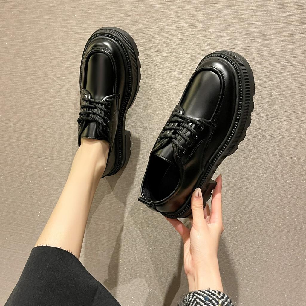 Black British style platform fashion Korean version of small leather shoes for women's spring and autumn new retro height-increasing single shoes
