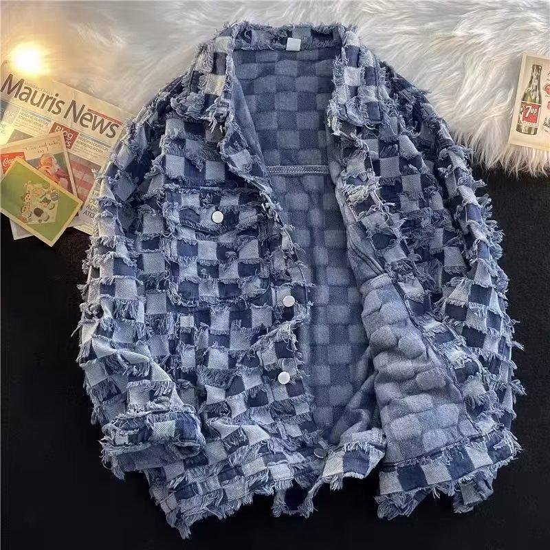 Unisex Checkered Denim Jacket, Retro Loose Fit for Spring & Autumn, Trendy American High Street Style