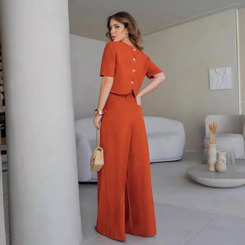 Summer 2024 Women's European & American Round Neck Slim Top and Wide-Leg Pants Set