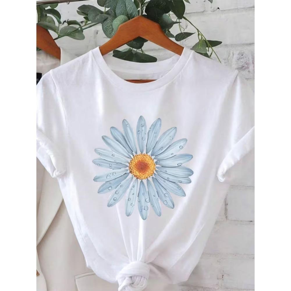 Daisy Flower Print T-shirt Casual Large White Daisy Graphic Short Sleeve Round Neck Tops Women Spring Summer Essential Tee