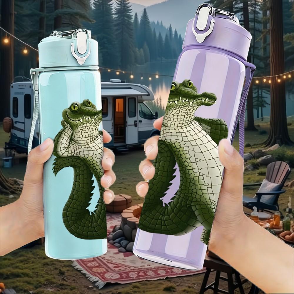 1PC Green Crocodile Reptile Pattern 750ml Color Plastic Sports Water Bottle Leakproof Flip Straw Lid Suitable for Sports Office Home Use