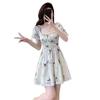 Coffee Break French Square Neck Dress Women's Summer Temperament Printed Short Sleeve Fairy Dress First Love Dating Waist A-shaped Dress