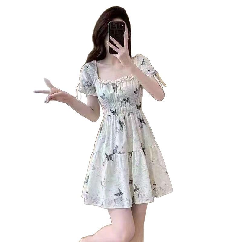 Coffee Break French Square Neck Dress Women's Summer Temperament Printed Short Sleeve Fairy Dress First Love Dating Waist A-shaped Dress